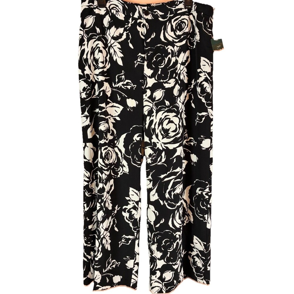 NWT Lauren Ralph Lauren Women's Black/White Floral Wide Leg Pants Size 14 Petite